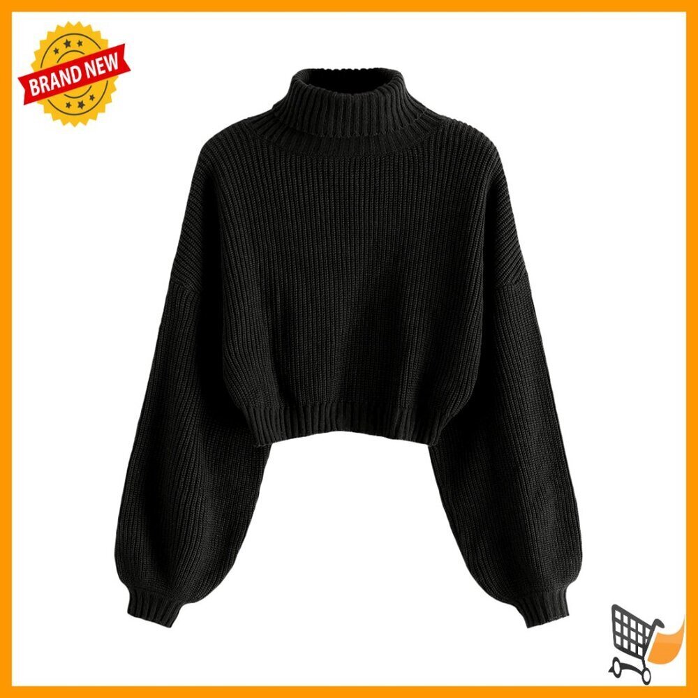 Ribbed Knit Pullover Crop Sweater Lantern Sleeve Turtleneck Casual Chic
